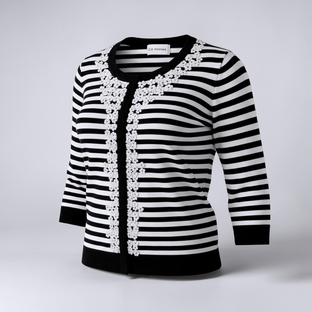 C.D. Petites‎ Black White Striped Floral Sequin Cardigan 3/4 Sleeve Sweater SP